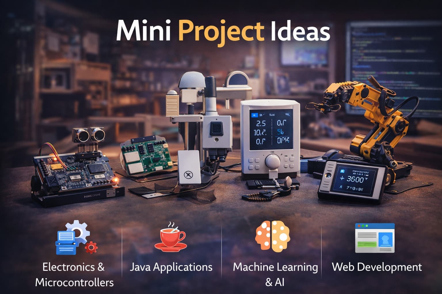 Mini project ideas flat lay workspace with laptop coding electronics and notebook setup