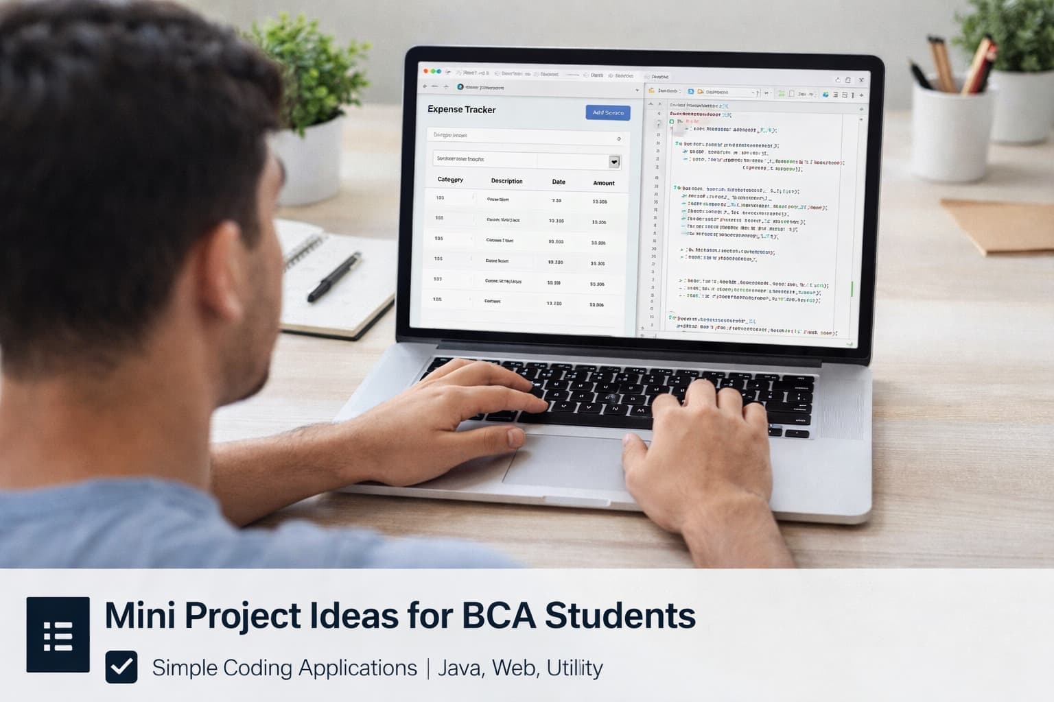 Mini project ideas for BCA students coding simple applications on laptop with clean workspace