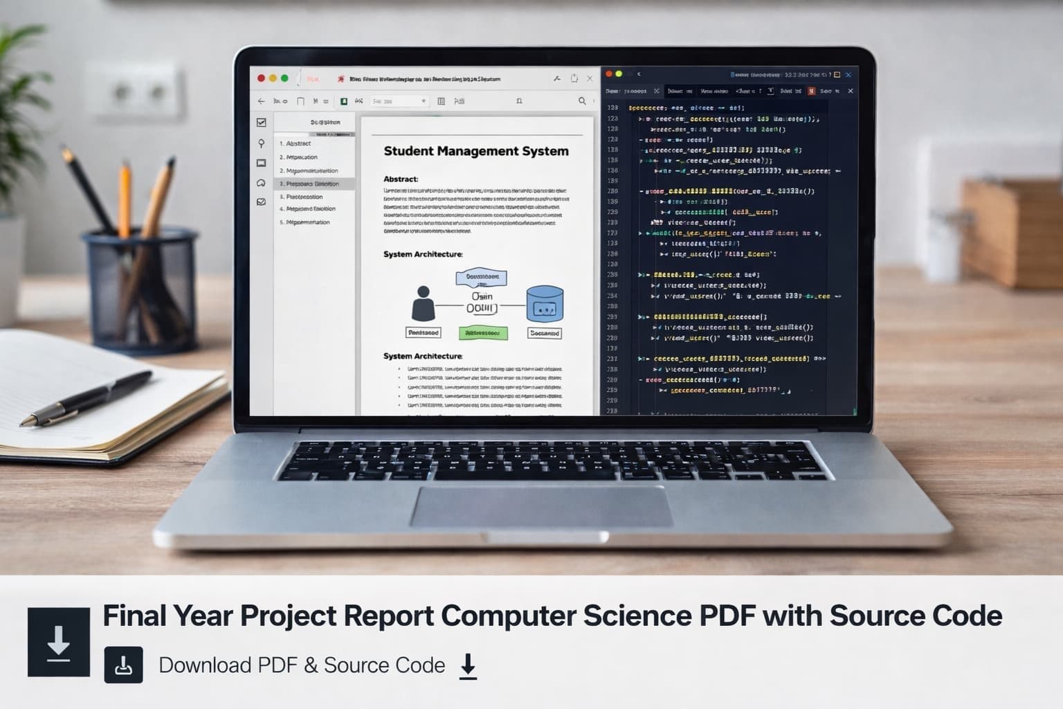 Final year computer science project report PDF with source code documentation and coding on laptop