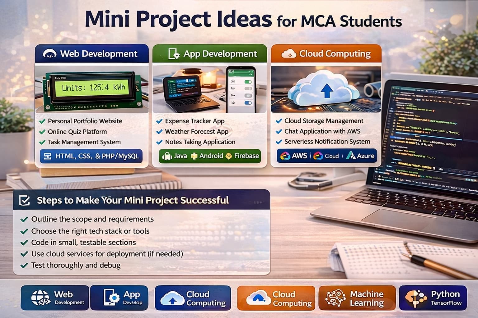 Mini project ideas for MCA students displayed in modern UI dashboard cards with software development workspace