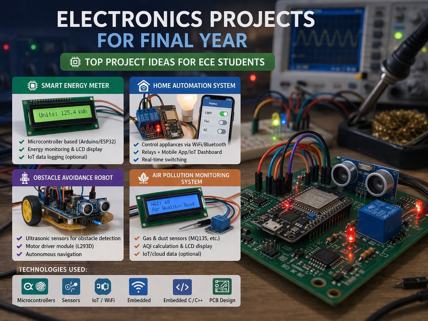 Electronics final year projects with circuit boards microcontrollers and embedded systems setup