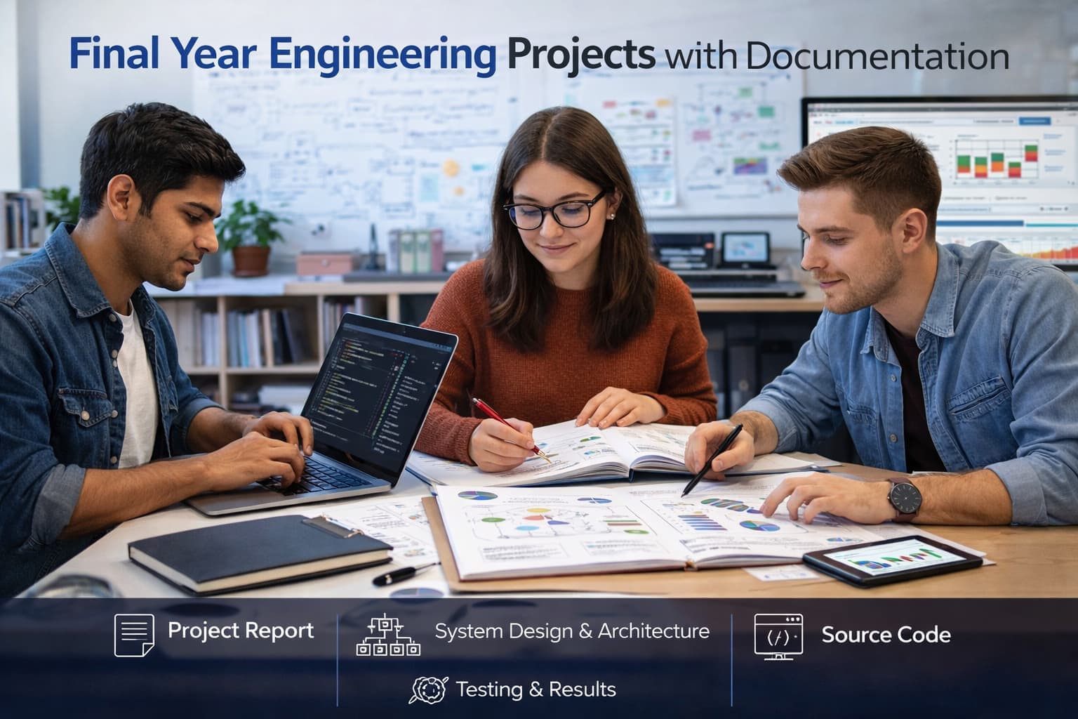 Final year engineering projects with documentation including report writing diagrams and coding on laptop