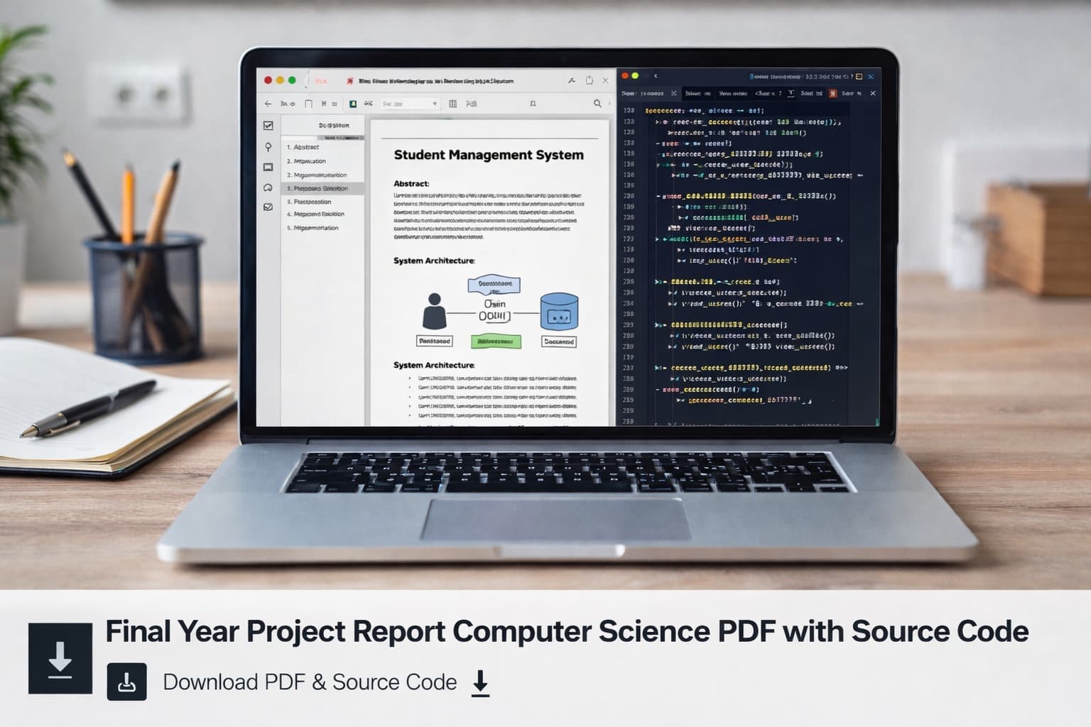 Final year computer science project report PDF with source code documentation and coding on laptop