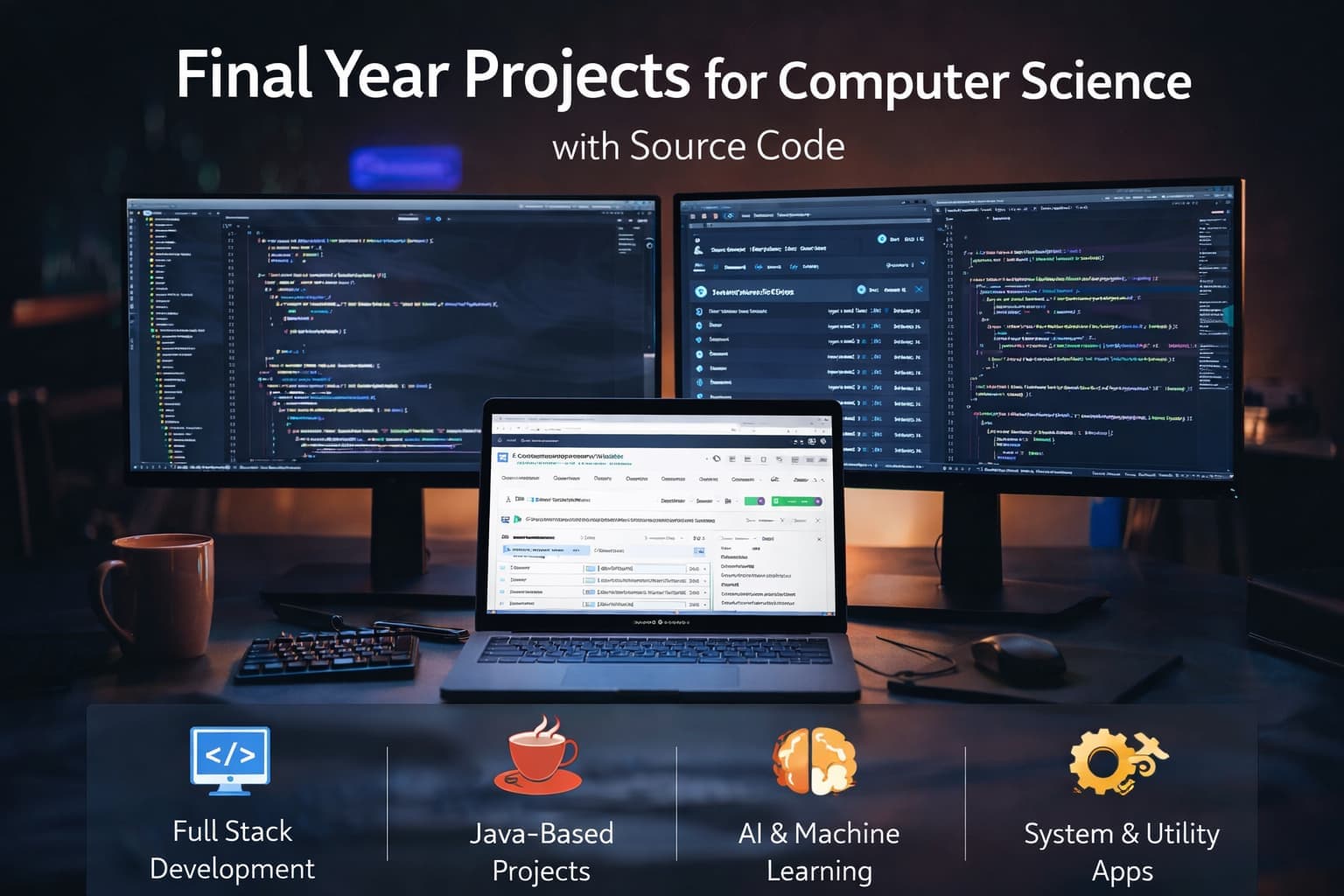 Computer science final year projects with source code coding on dark theme developer setup