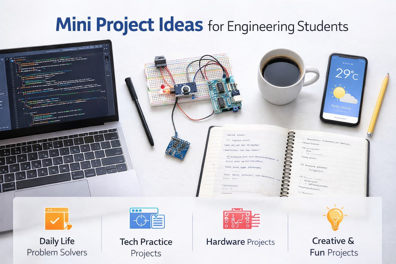 Minimal workspace showing engineering mini project ideas with laptop coding and simple electronics setup
