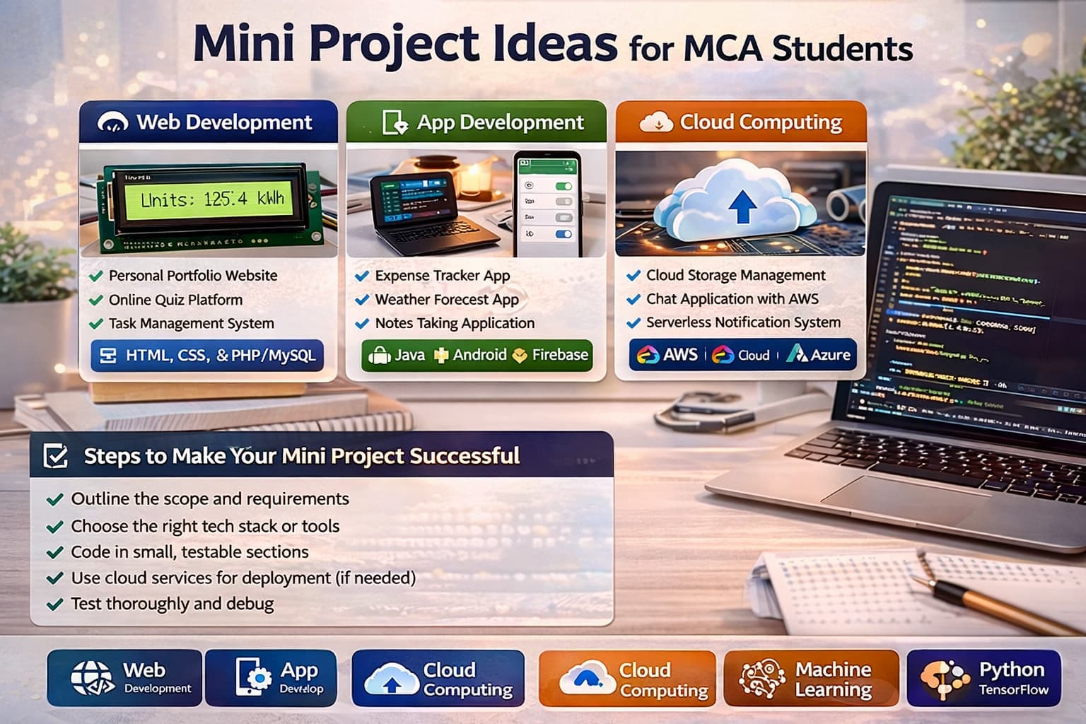 Mini project ideas for MCA students displayed in modern UI dashboard cards with software development workspace