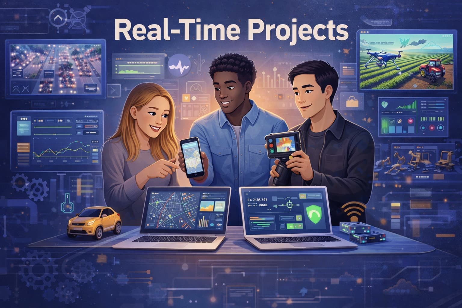 Real time projects live monitoring dashboard with data analytics screens and engineers working