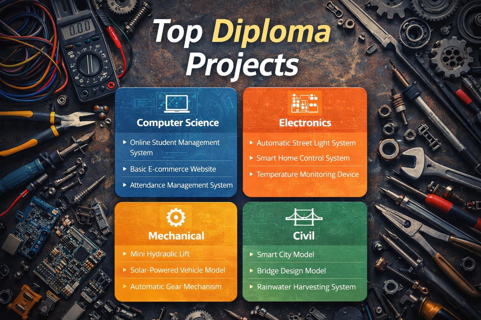 Top diploma projects with engineering tools electronics components and workshop workbench setup